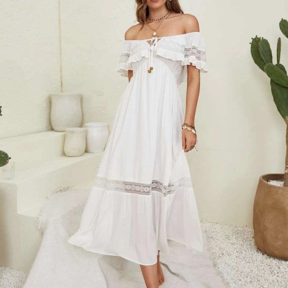 MODA ME COUTURE Dresses & Skirts - Off Shoulder Tie Front Ruffle Trim Dress